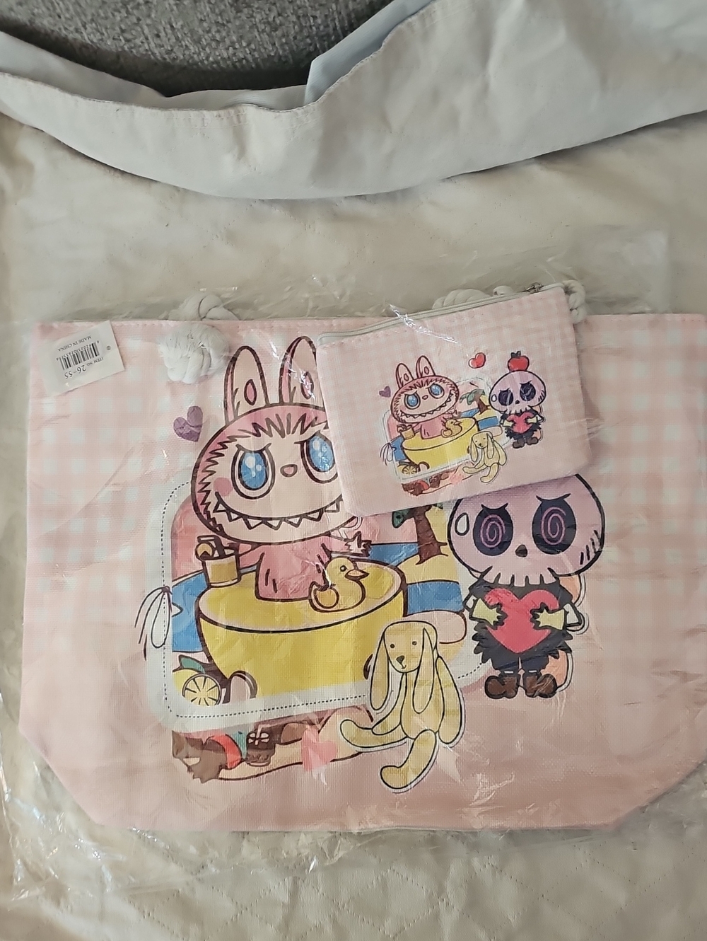 Pink Cartoon Character Tote Bag with Matching Mini Pouch